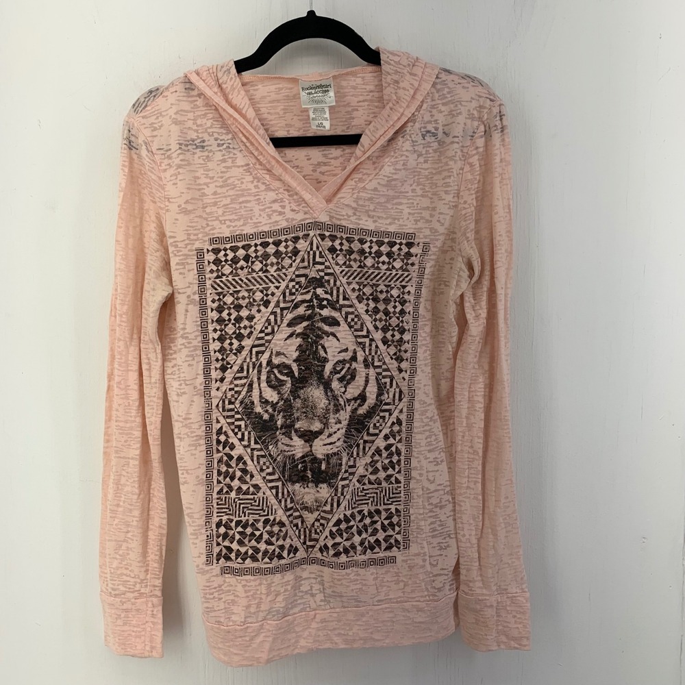 Rocker Girl Peach Burnout Tiger Graphic Hoodie Y2K Top Junior 11 Grunge Emo